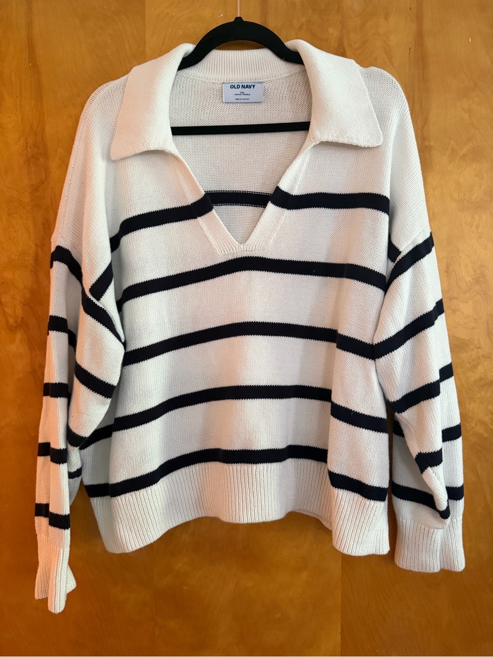 Old Navy Cream and Navy Striped V-Neck Collared Sweater